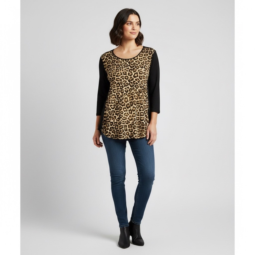 Chico's Animal Print Tunic Shirt Women 3 XL Brown Black Mixed‎ Media Leopard